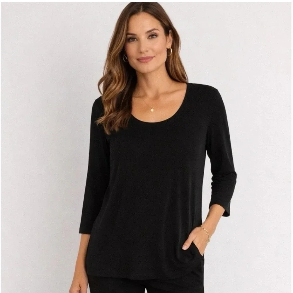 Chico's Travelers Black 3/4 Sleeve Scoop Neck Top Large - Picture 1 of 7